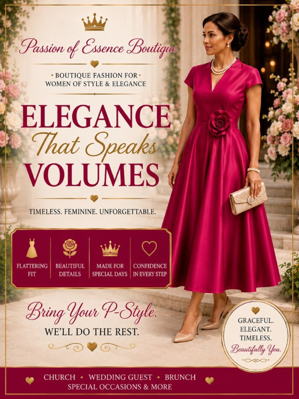 Fuchsia Satin V-Neck Rosette A-Line Midi Dress Formal Wedding Guest
